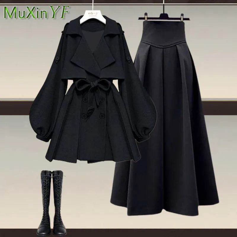 Women's Autumn/Winter New Fashion Waist Jacket Midi Skirt Two Piece Suit Korean Elegant Loose Coat Dress Matching Set