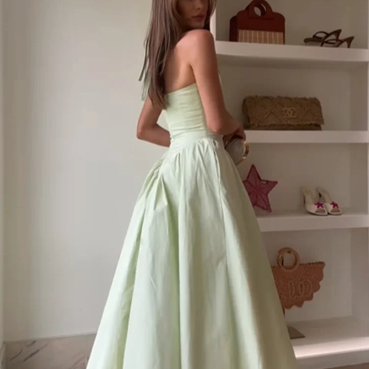 Elegant V Neck Green Long Dresses Women Fashion High Waist A-line Halter Midi Vestidos New Summer Lady Evening Party Dress 2025