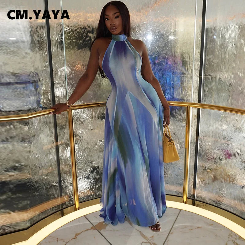 CM.YAYA Women Gradient Print O-Neck Sleeveless Bodycon Long Dress 2025 Summer Holiday Birthday Evening Beach Sexy Party Dresses