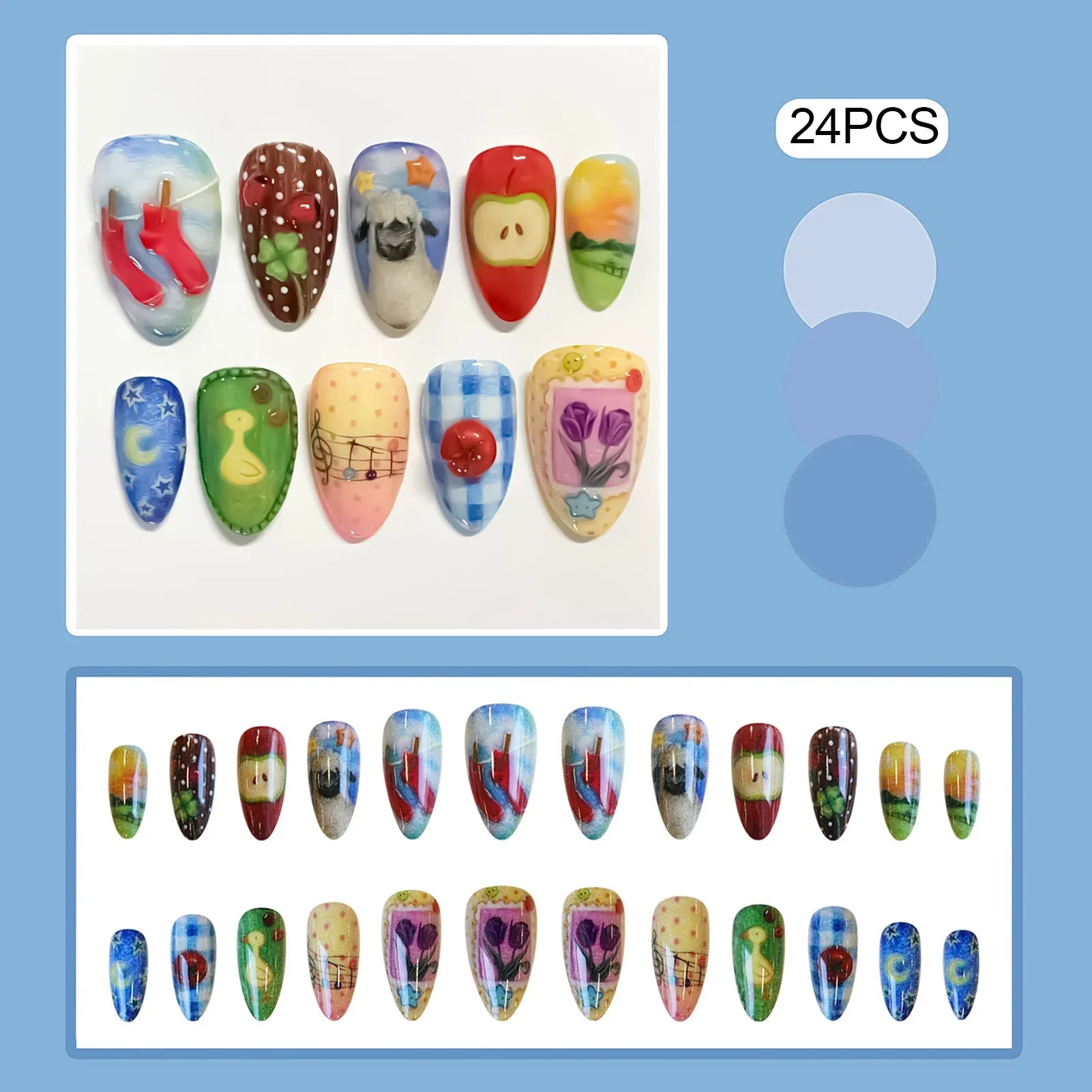 Cute Cartoon Fake Nails 24Pcs Almond Press On Nails Star/Moon/Duck/Sheep/Flower Printed Wearable Nails Art Decoration for Women
