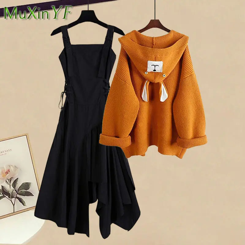 Autumn/Winter New Fashion Hooded Knit Sweater Dress Two Piece Suit Women's Korean Elegant Cardigan Strap Skirt Matching Set