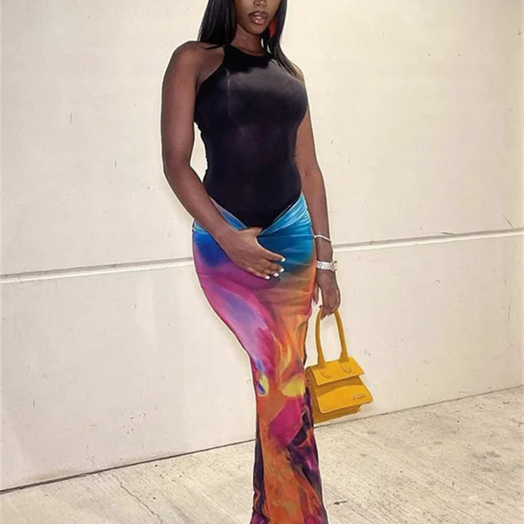 Simenual Harajuku Aesthetics Multi Printed High Waist Long Skirts Women Cyber Y2K Package Hip Skirt Chic Holiday Outfits Slim