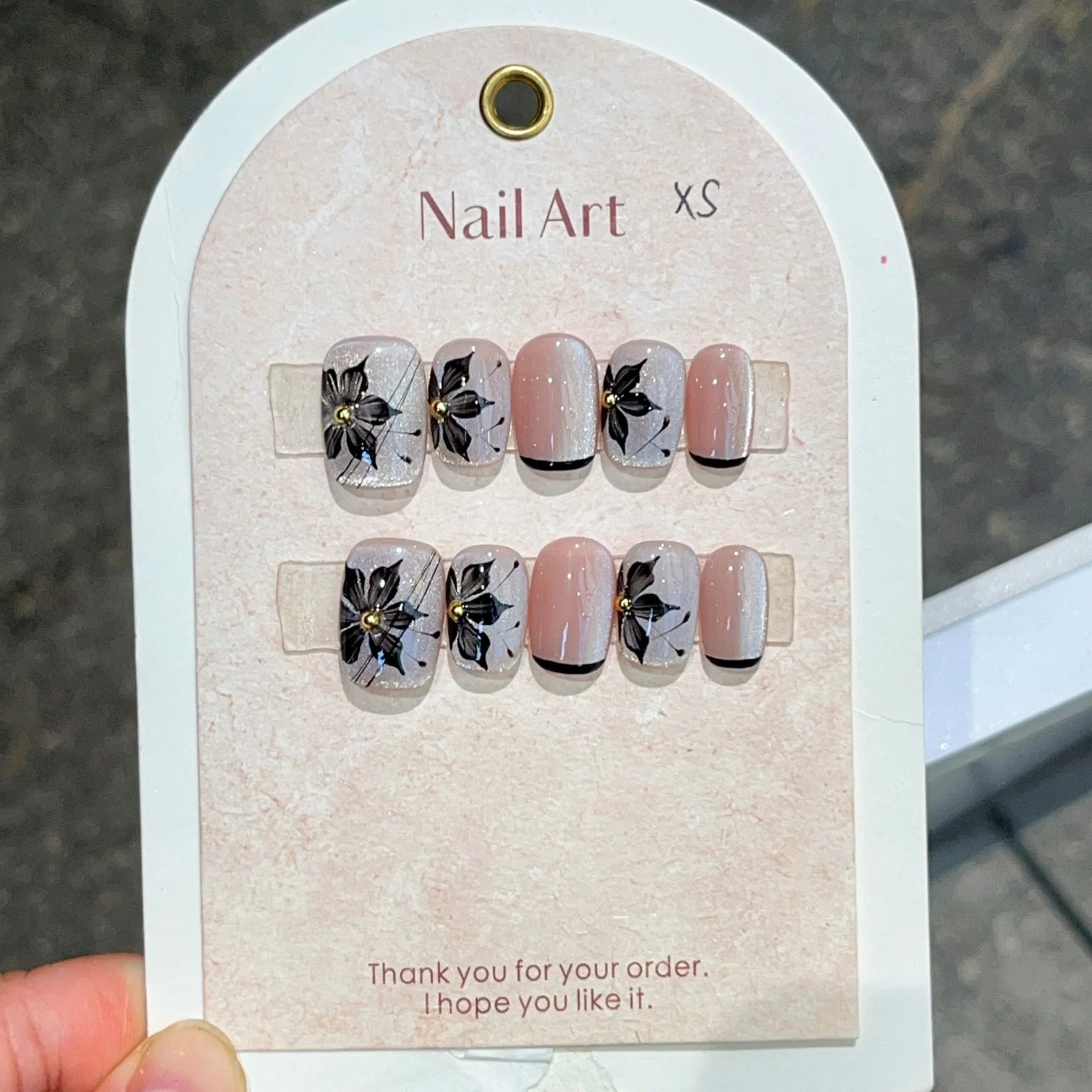 10Pcs Short Square Shimmery Rose Handmade False Nail Lovely Cat Eye Gel Nails with Glue Pearl French Press on Nail Manicure Tips