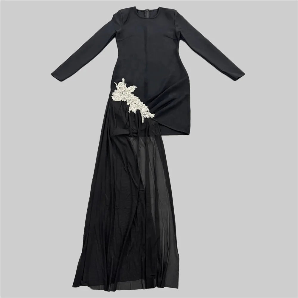 Black Color Women Long Sleeve Sexy Shinning Diamond Draped Bodycon Mini Dress Bandage Fashion Nightclub Party Outfit