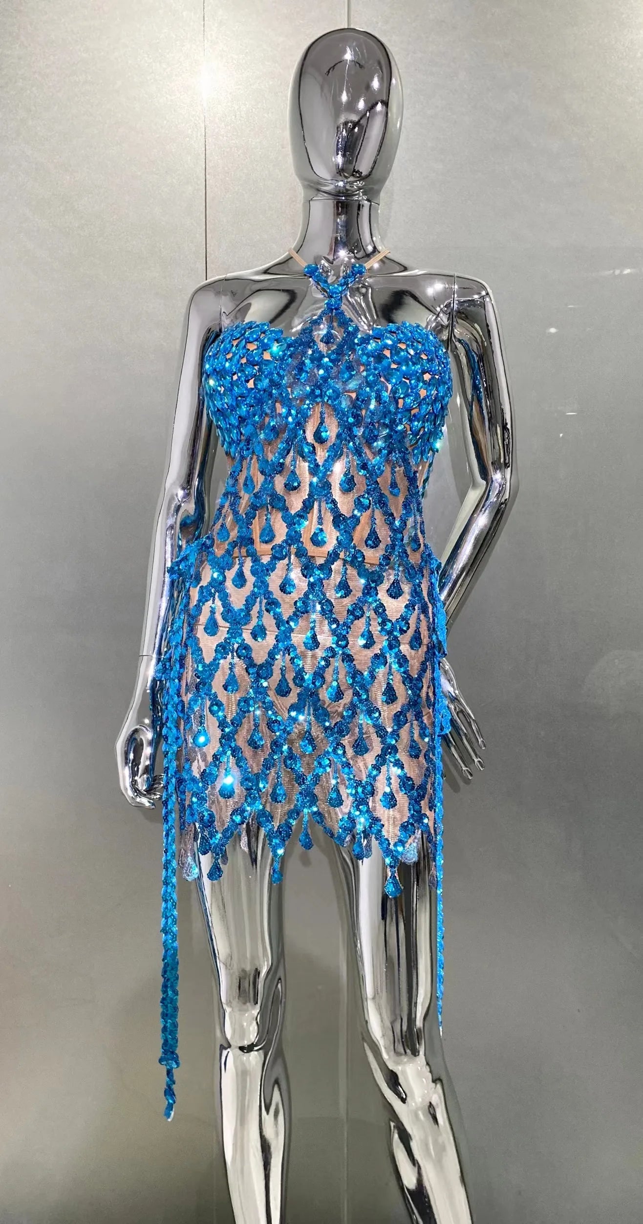 Blue Sequins Shining Diamonds Long Tassel Sleeveless Mini Dress 2 Pieces High Quality Birthday Party Outfit Performances Costume