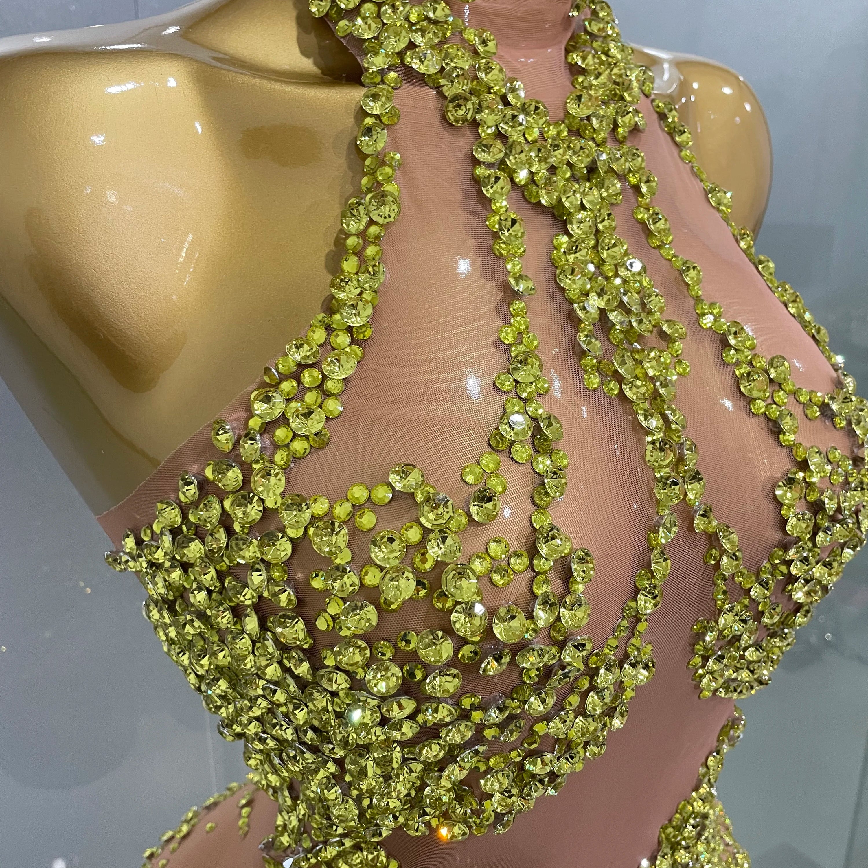 Luxury Sparkle Rhinestones Mesh Transparent Prom Dress 2025 New Women Sexy Birthday Celebrate Party Club Prom Outfit Bar Costume