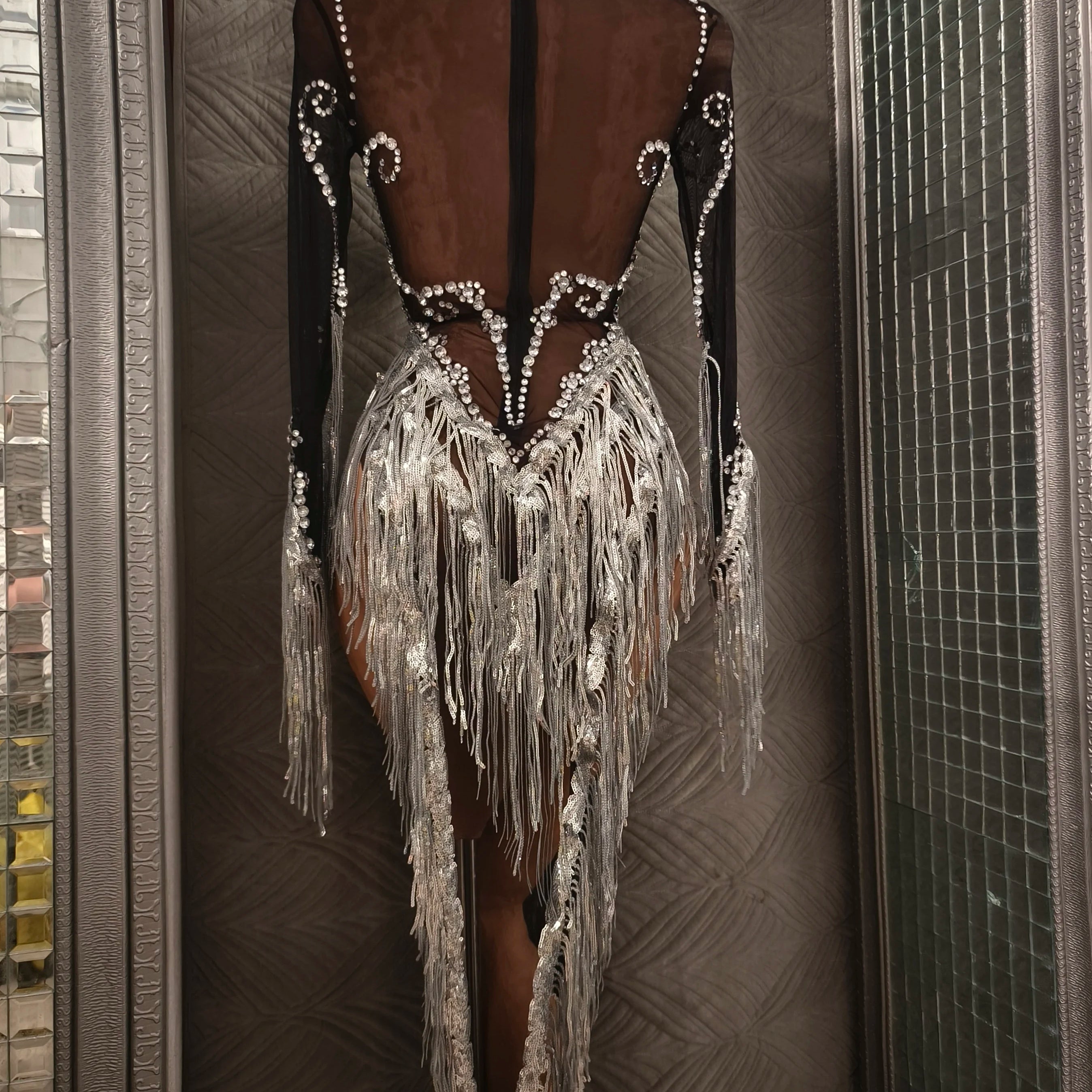 Women Sexy Mesh Silver Black Crystal Stretchy Night Club See Through Singer Dancer Tassel Stage Costume Mini Party Dress