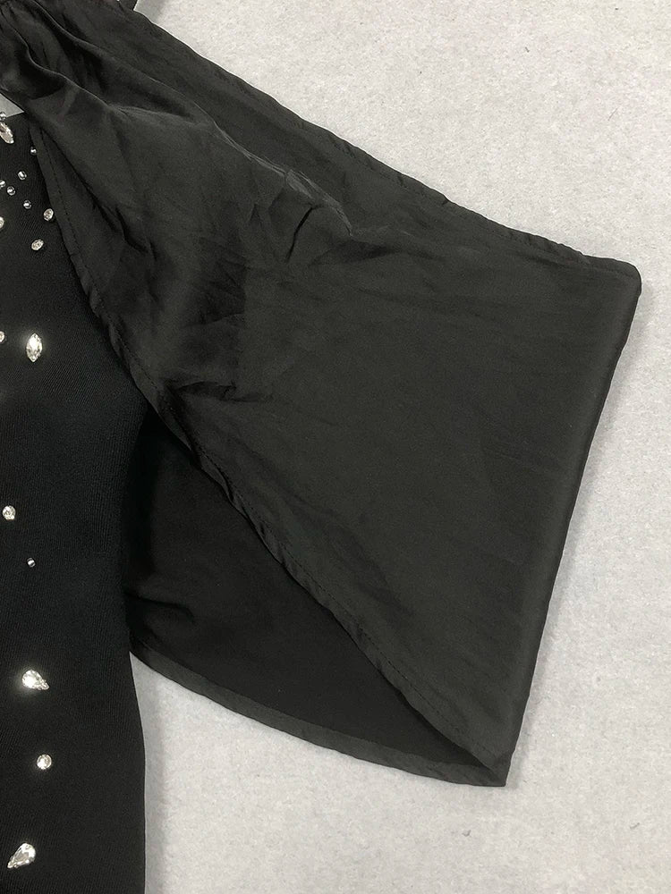 VC Eye-Catching Off-Shoulder V-Neck Hot Pink & Black Dress with Crystal Party Evening Gown