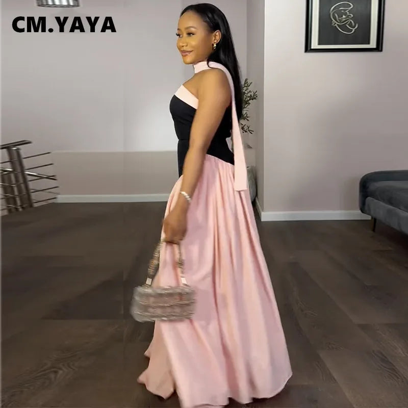 CM.YAYA Women Fashion Halter Neck Pleated Big Swing High Waist Maxi Long Dress 2025 Summer Party Night Club Vestidos Dresses