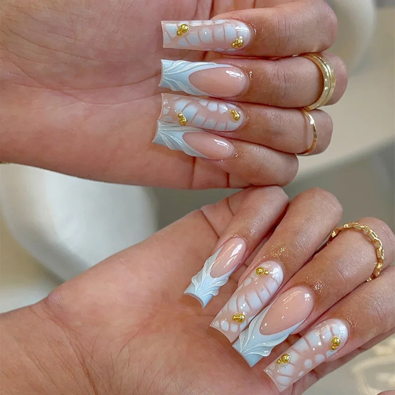 24Pcs Mid-length Summer Sweet Square Coffin Nails Set Pink Flowers Pattern Diamond French Wearable False Nails Lovely Manicure