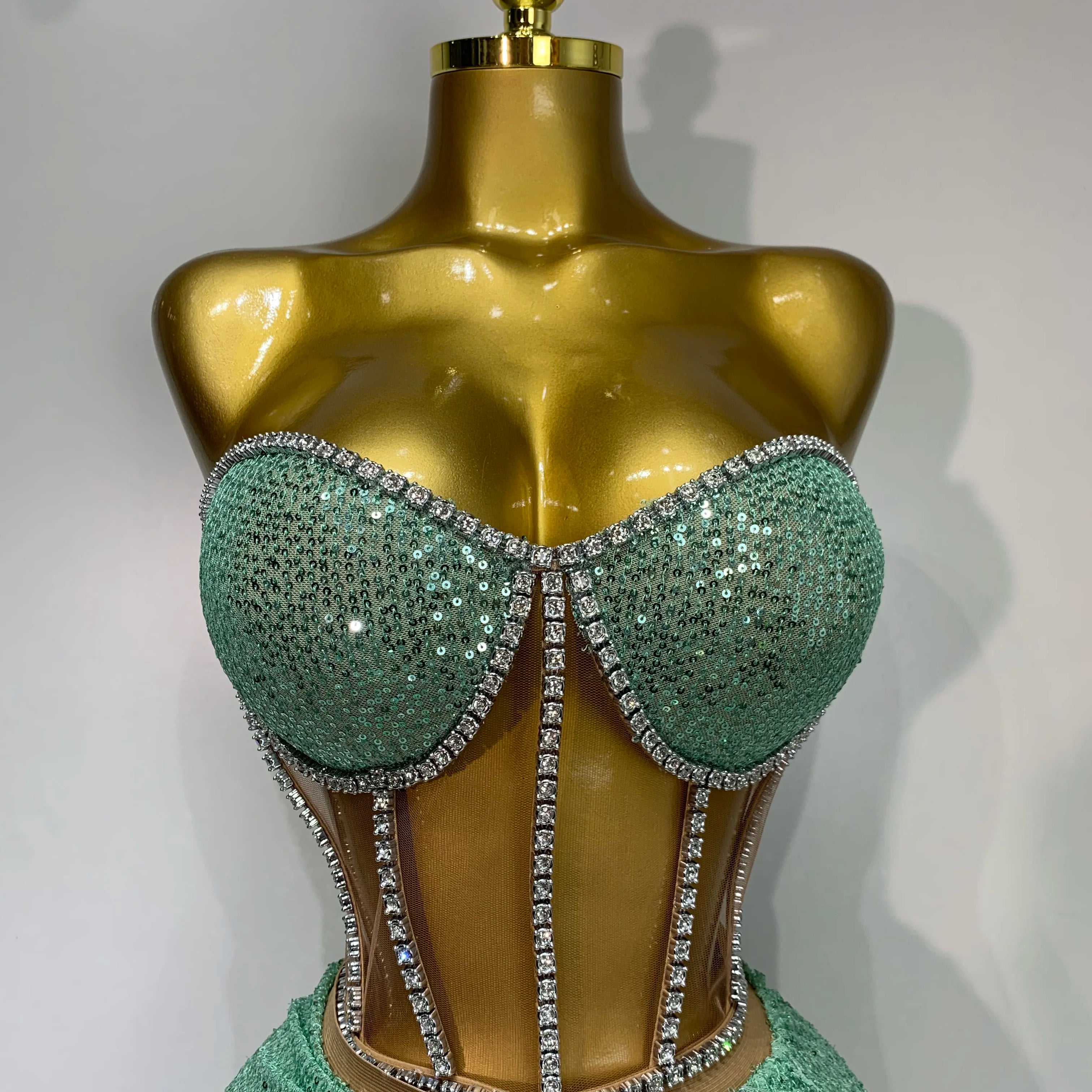 Women Sexy Nightclub Skirt Sets Strapless Diamonds Sequines Two Piece Sets Gogo Performance Outfit Evening Party Birthday Dress