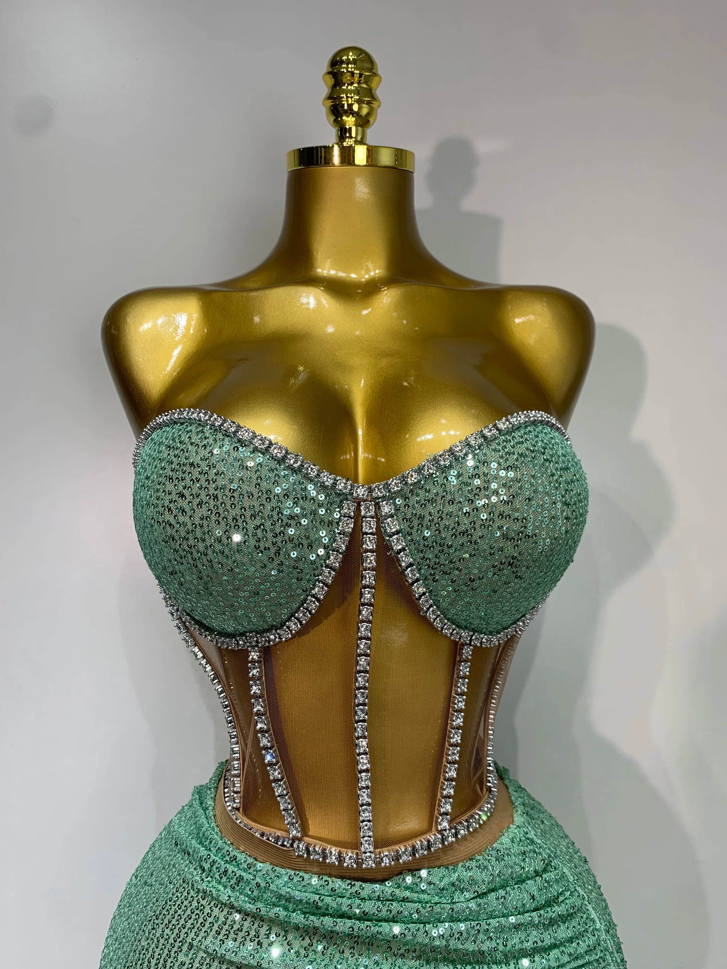 Conjunto de saia sexy para boate feminina, sem alças, diamantes, lantejoulas, conjunto de duas peças, roupa de performance Gogo, vestido de festa à noite e aniversário
