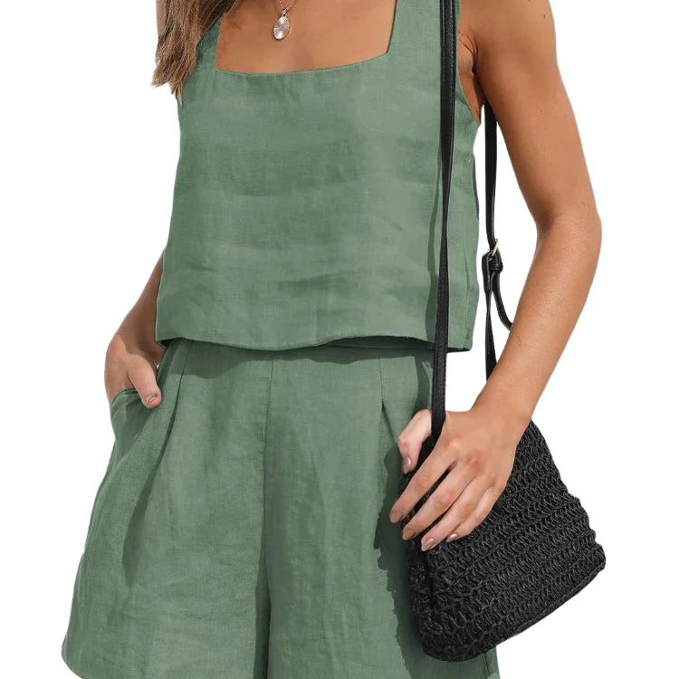 Short Suit Women 2 Pieces Set Vest Shorts Outfit Solid Color Sleeveless Spring Summer Pockets Casual Daily Linen Female Clothing