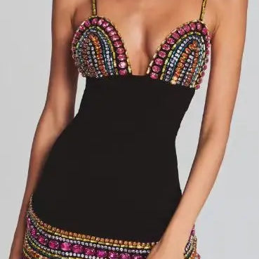 STOCK Colorful Diamonds Sexy V-Neck Spaghetti Strap Mini Bandage Dress Fashion Woman Evening Dress Holiday Vocation Vestido