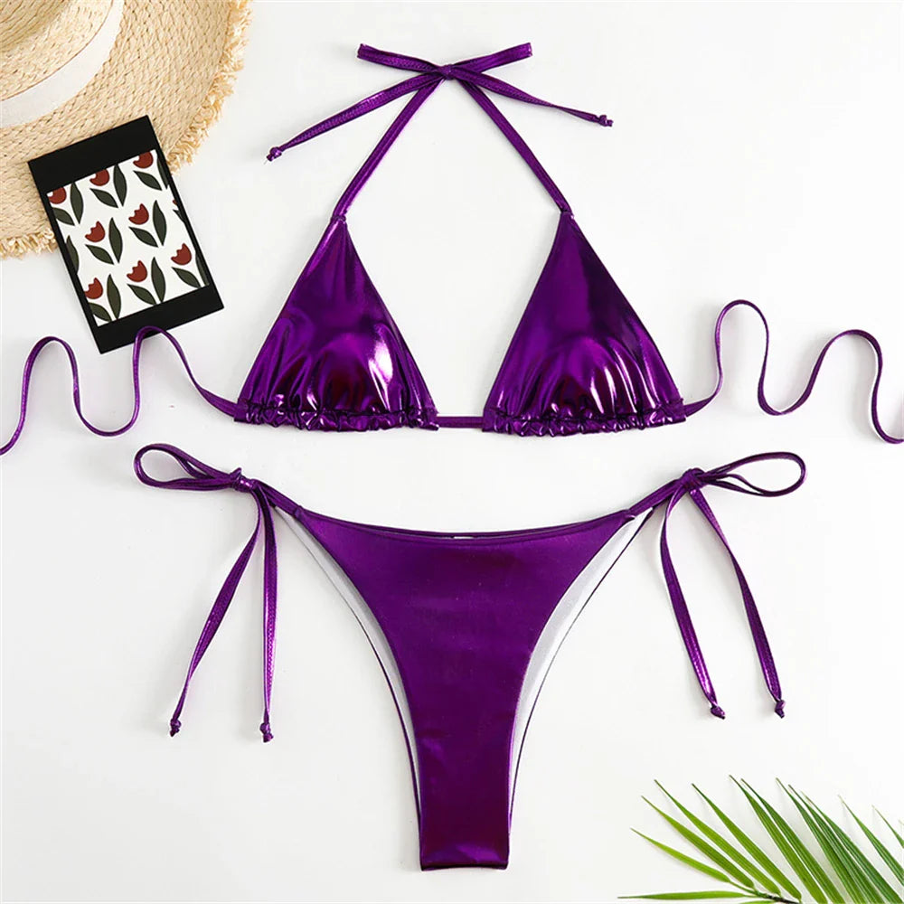 Halter Triangle Sexy Bikini Sets 2023 Women Patent Leather Glitter Swimsuit Summer Solid G-String Swimwear Side Lace Up Monokini s4Purple
