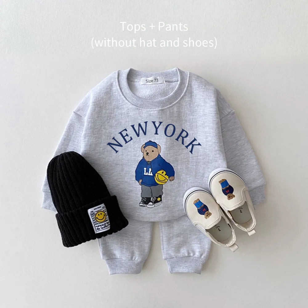 Baby Boy Girl Clothing Sets Children Bear Pullover Sweatshirts + Simple Solid Cotton Sports Pants 2pc Kids Clothes Boy New Suit Dark Grey