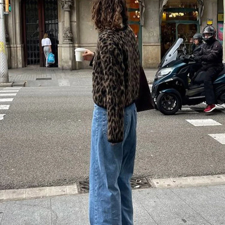 Vintage Leopard Print Mohair Women Cardigans Knitted O-neck Single Breasted Short Sweater Autumn Lady Casual Streetwear New