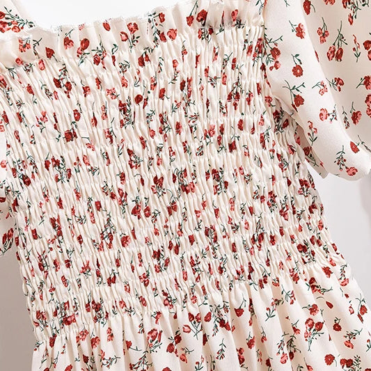 Spring Summer Chiffon Women Dresses Female Short Sleeve Elastic Waist Printed Floral Midi Dress Pleated Backless Casual Dress