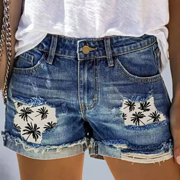 Tree Patch Design Ripped Denim Shorts with Pocket Button Casual Summer Shorts Stretch Raw Hem Jean Shorts