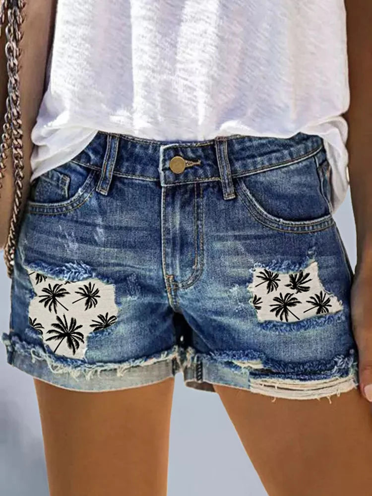 Tree Patch Design Ripped Denim Shorts with Pocket Button Casual Summer Shorts Stretch Raw Hem Jean Shorts