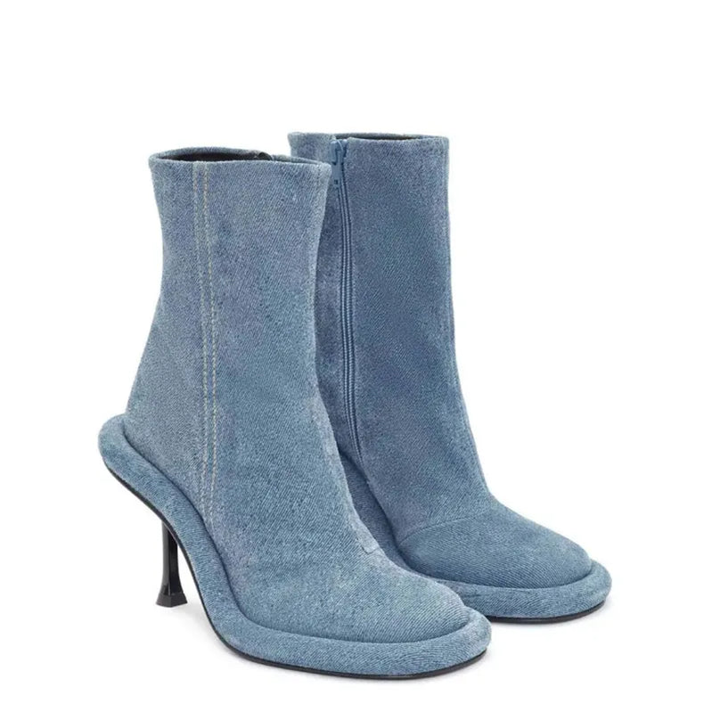 Primavera e outono feminino novo fino salto alto denim botas curtas cabeça redonda zíper lateral moda feminina botas de tornozelo 