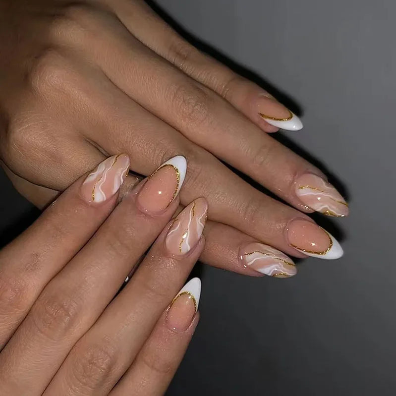 24Pcs Mid-length Almond Nails Set Press on Shiny Powder French Design Fake Nail Art Simple Wearable Full Cover False Nails Tips