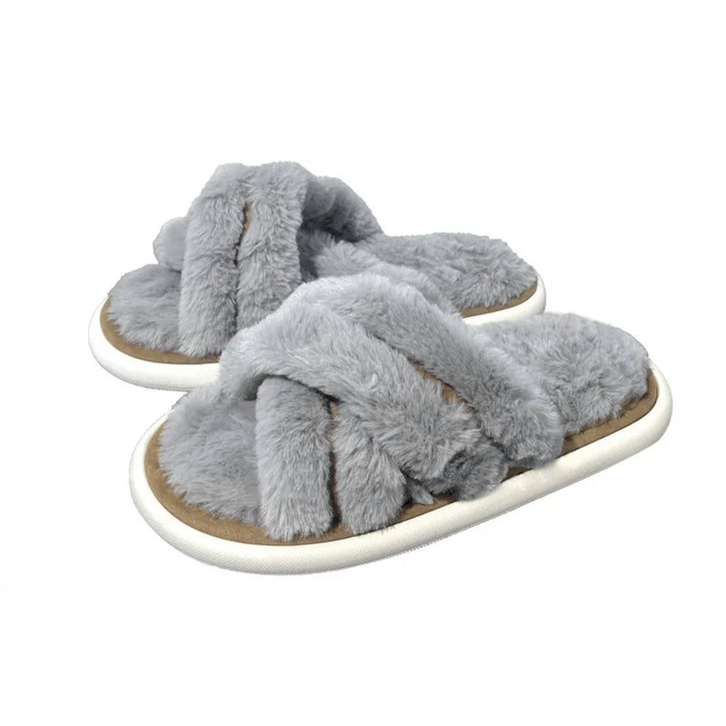 Winter Women Home Indoor Casual Slippers Female Flip Flops Fluffy Shoes Cross Design Slides Ladies Soft Warm Plush Slipper GRAY