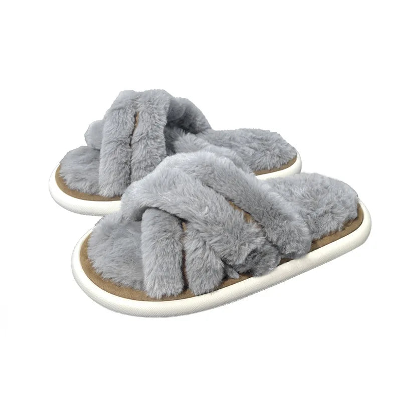 Winter Women Home Indoor Casual Slippers Female Flip Flops Fluffy Shoes Cross Design Slides Ladies Soft Warm Plush Slipper GRAY