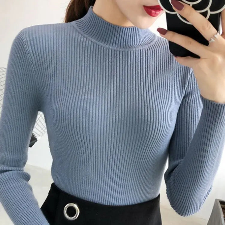 Autumn Winter Mock Neck Women Sweater Vintage Basic Solid Knitted Tops Casual Slim Pullover Korean Sweaters Simple Chic Jumpers Blue One Size