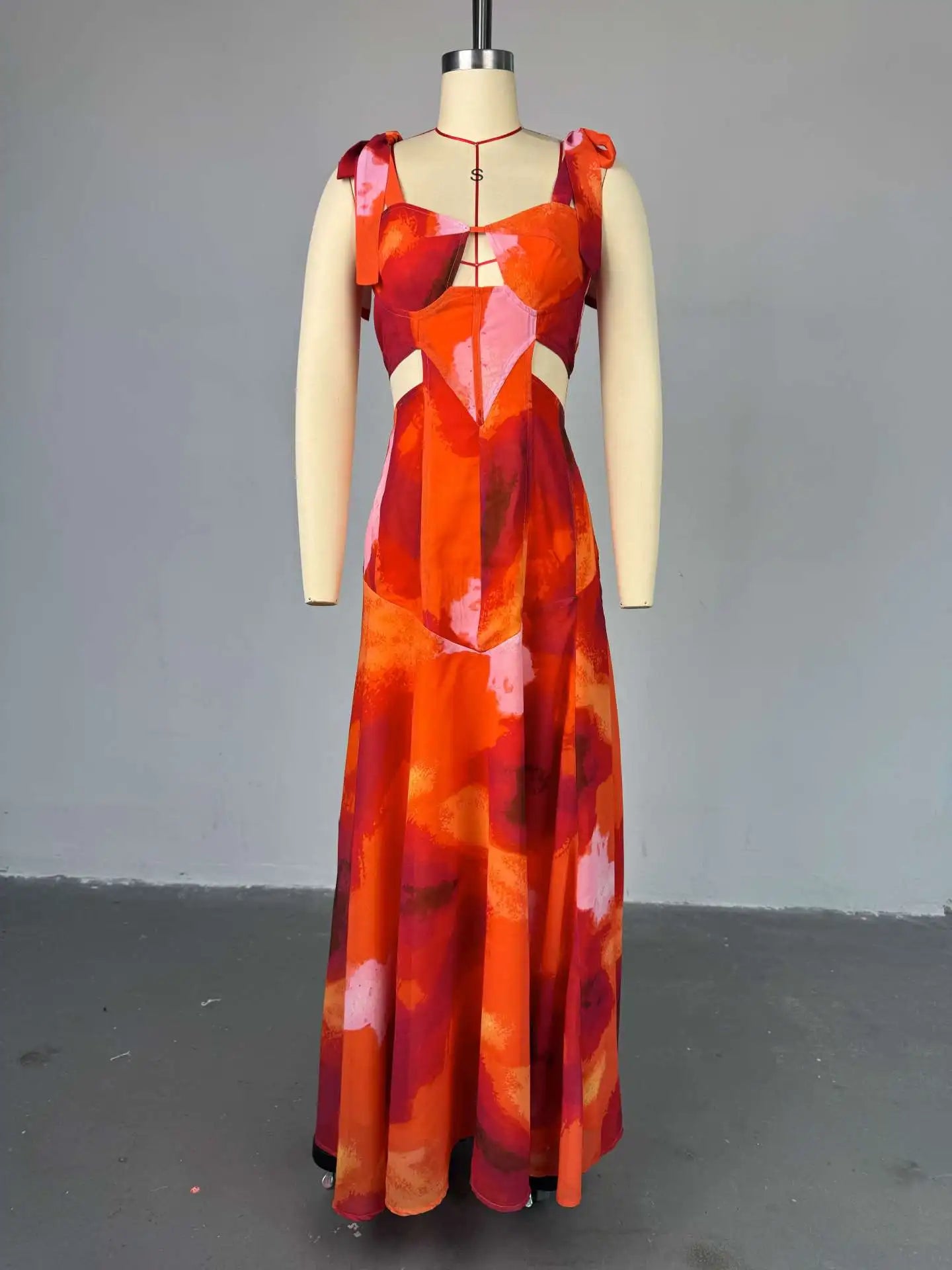 CM.YAYA Fashion Printed Women Long Dresses Beach Holiday Street Bowknot Crop High Waist Big Swing Fake 2 Piece Party Dress 2025