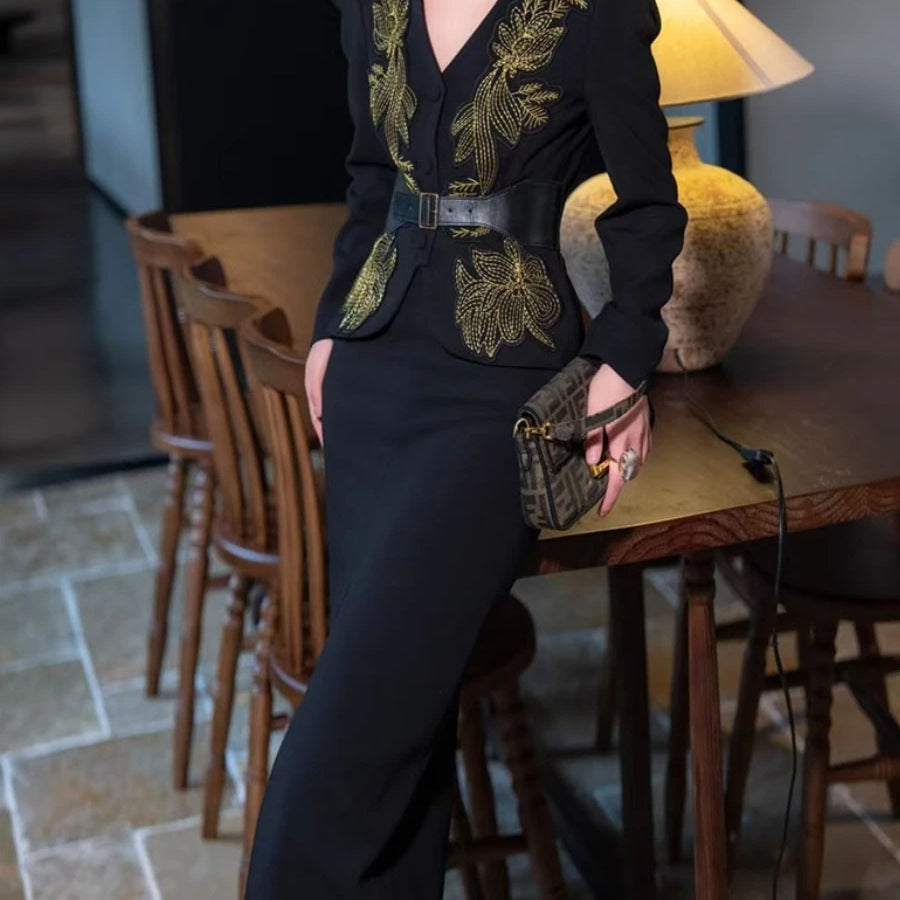 TWOTWINSTYLE Solid Spliced Appliques Two Piece Sets for Women V Neck Long Sleeve Top High Waist Split Skirts Elegant Set Female