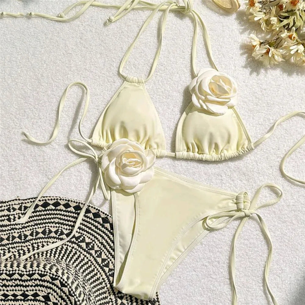 Sexy Flower Bandeau Swimwear Thong Bikini Women Lace-up Swimsuits Swimming Bathing Suit Brazilian Bikinis Set Mujer Biquini white halter