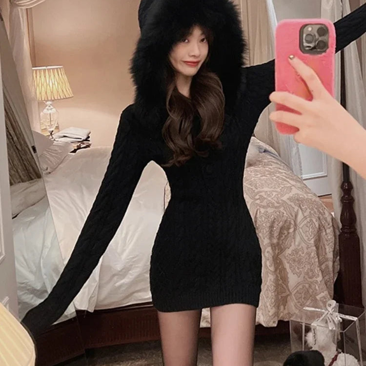 2023 Winter Knitted Sweater Dress with Hooded Women Slim Bodycon Y2k Mini Dress Faux Fur Female One Piece Dress Korean Elegant
