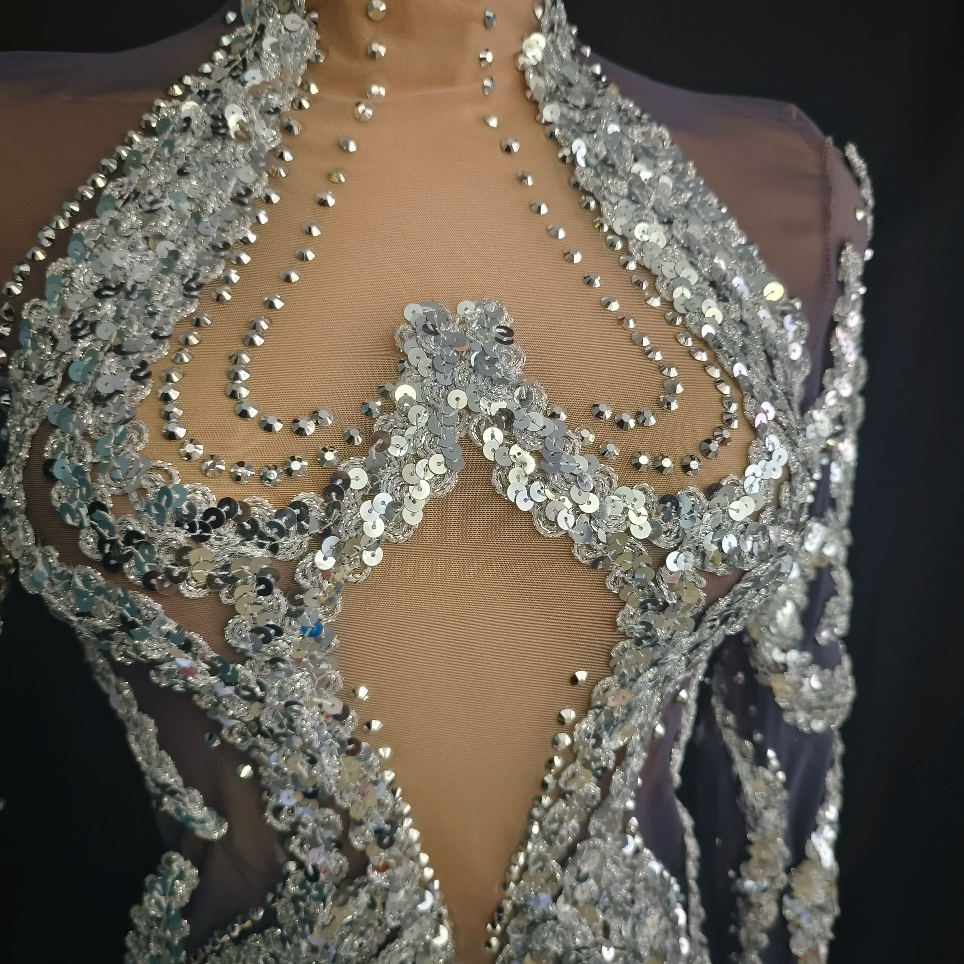 Women Sexy Mesh Sequins Stretchy Long Sleeve Sparkly Night Club See Through Singer Dancer Shining Stage Costume Mini Party Dress