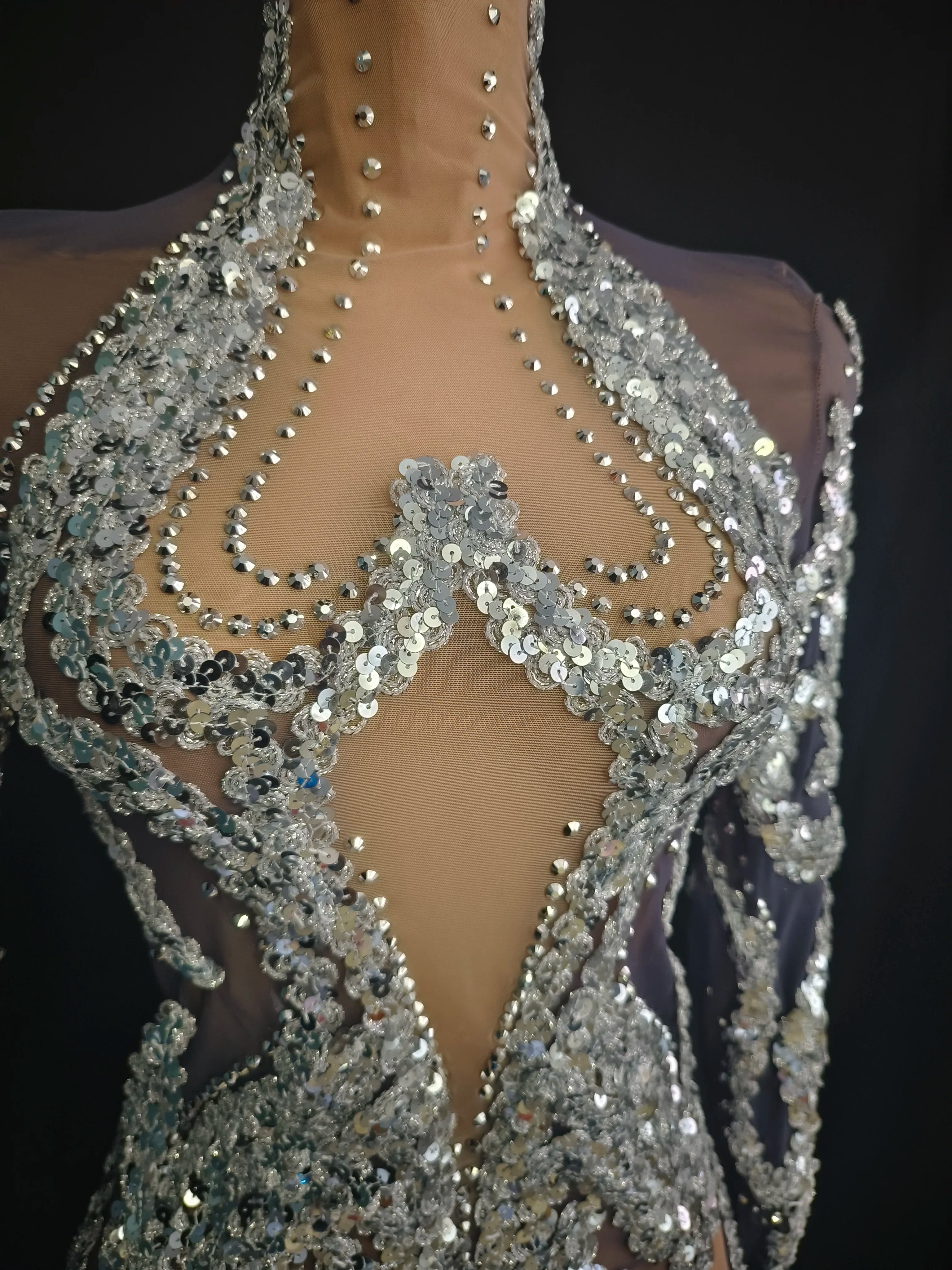 Women Sexy Mesh Sequins Stretchy Long Sleeve Sparkly Night Club See Through Singer Dancer Shining Stage Costume Mini Party Dress