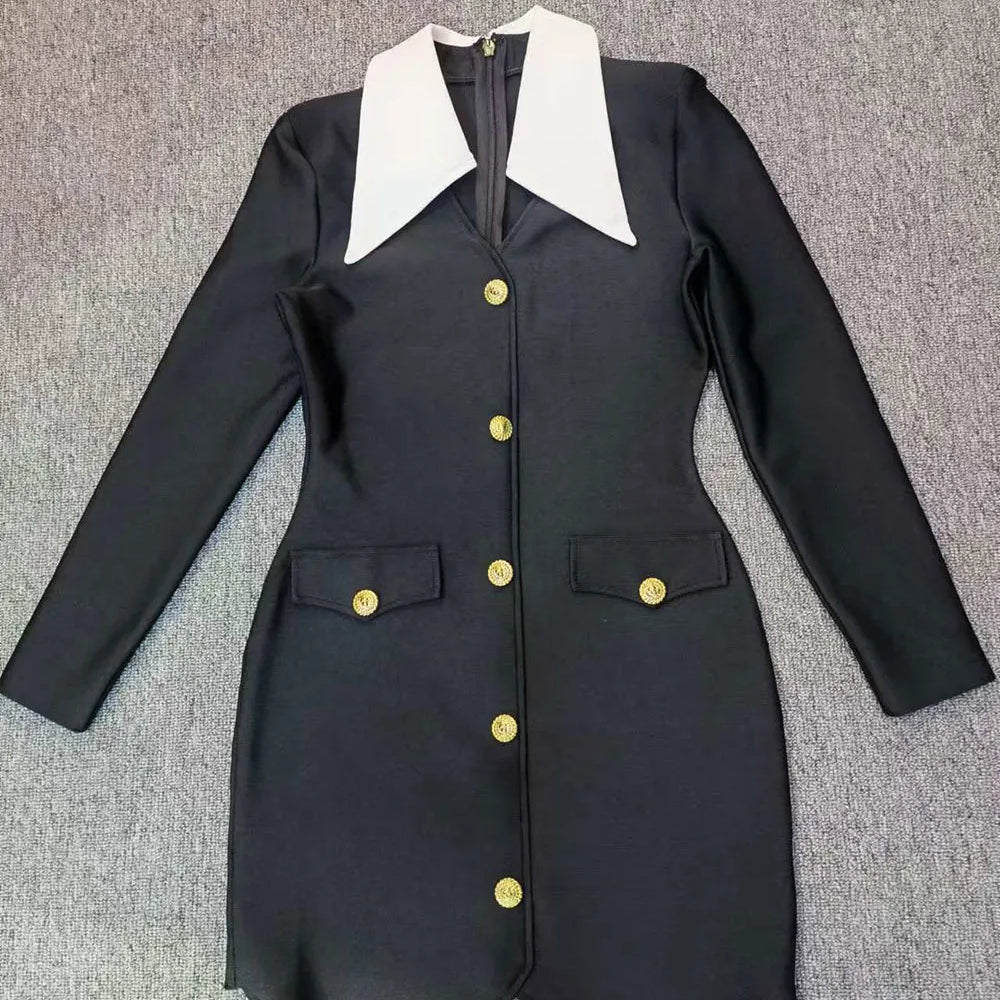 2024 Autumn Women Elegant Bandage Dress with Large Collar Long Sleeve Button Design Bodycon Asymmetric Mini Dress Party Vestidos