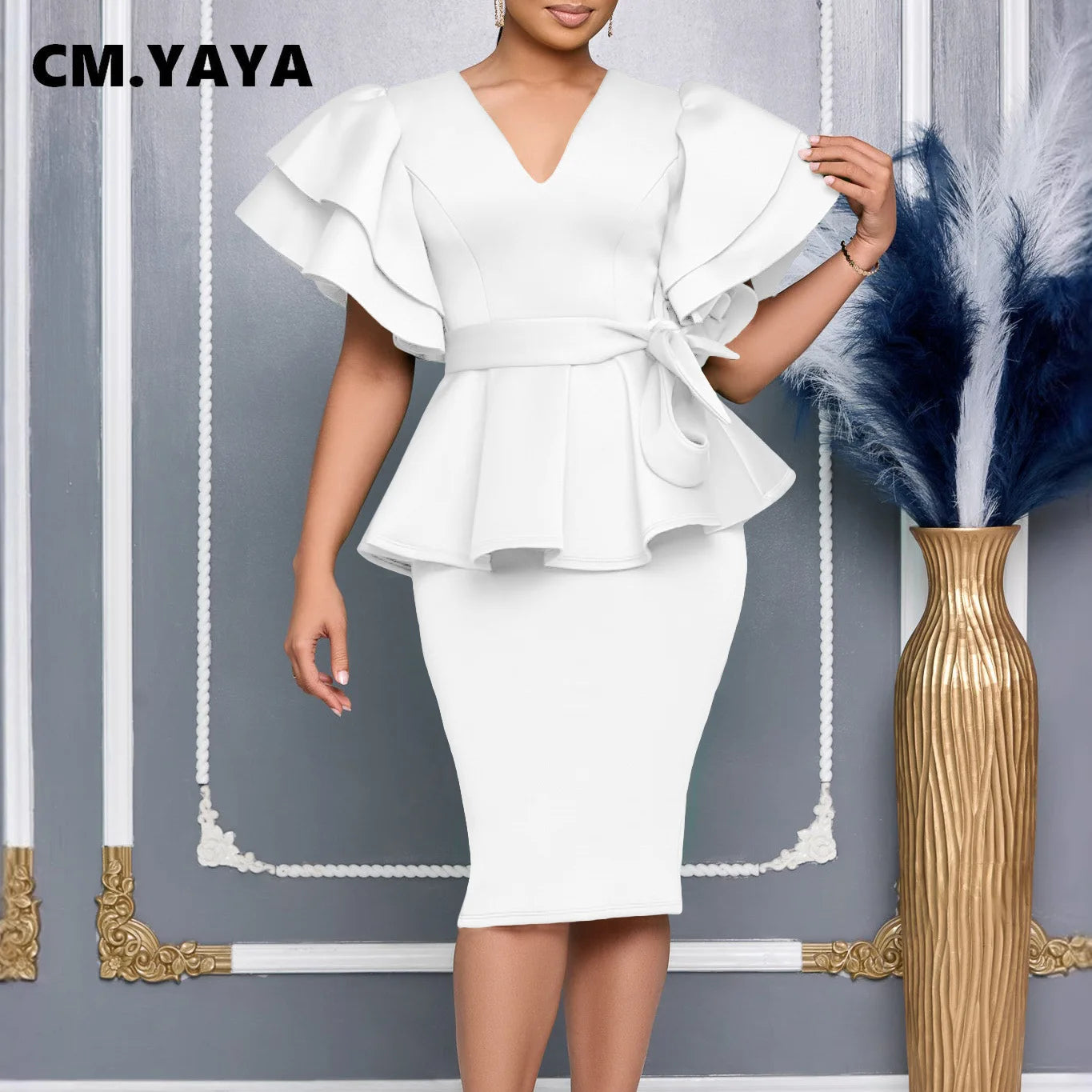 CM.YAYA Women Short Sleeve V-neck Belt High Waist Midi Dress 2025 Summer Africa OL Work Evening Sexy Party Dresses Vestidos