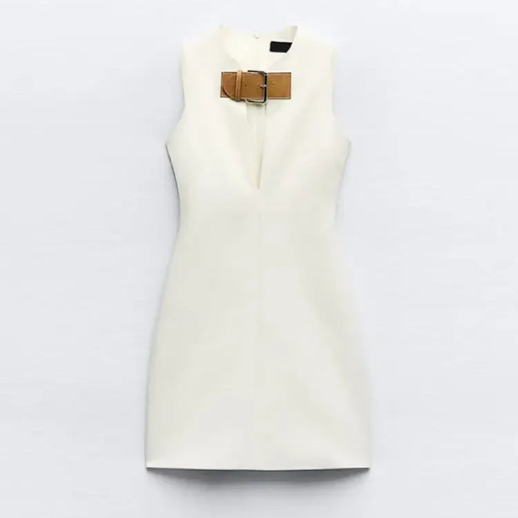 Elegant Solid Slim Sleeveless White Mini Dress Women Sexy Hollow Out Leather Buckle Short Vestidos Chic Ladies Streetwear White