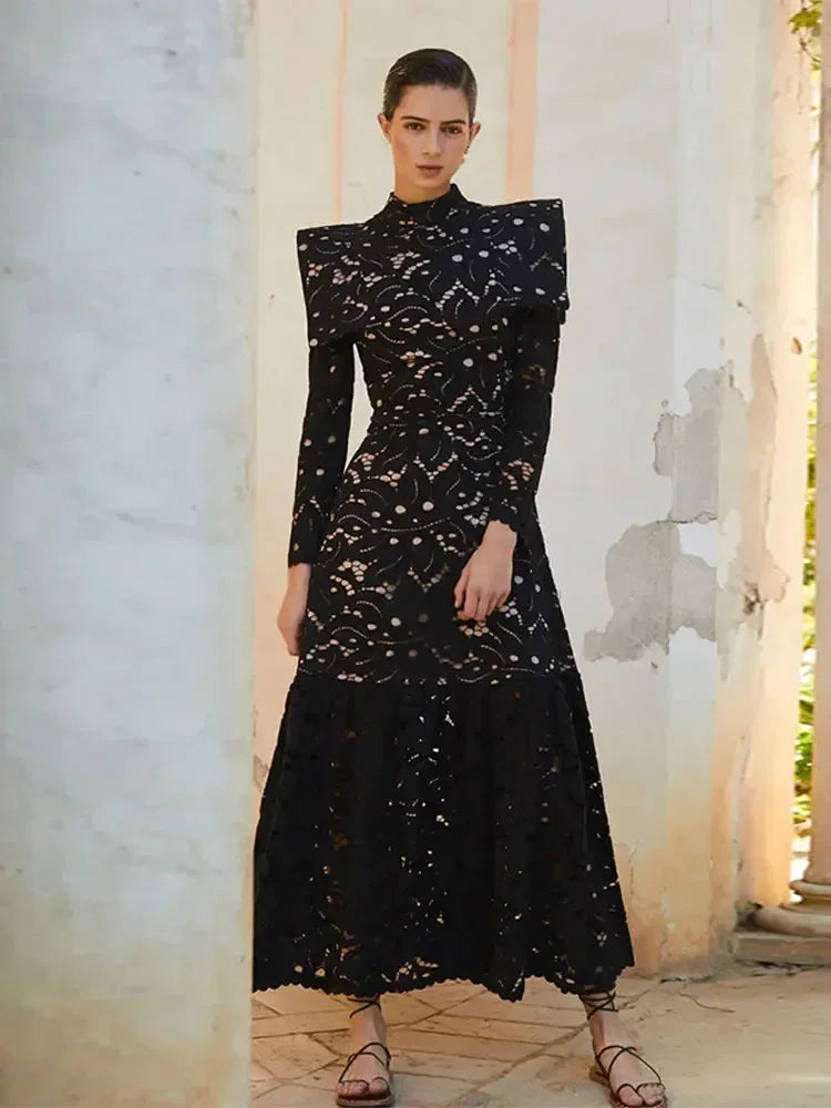 Elegant Hollowed Lace Maxi White Dress Women Fashion Mock Neck Long Sleeved Shoulder Padded Robes 2024 Evening Women's Clothing