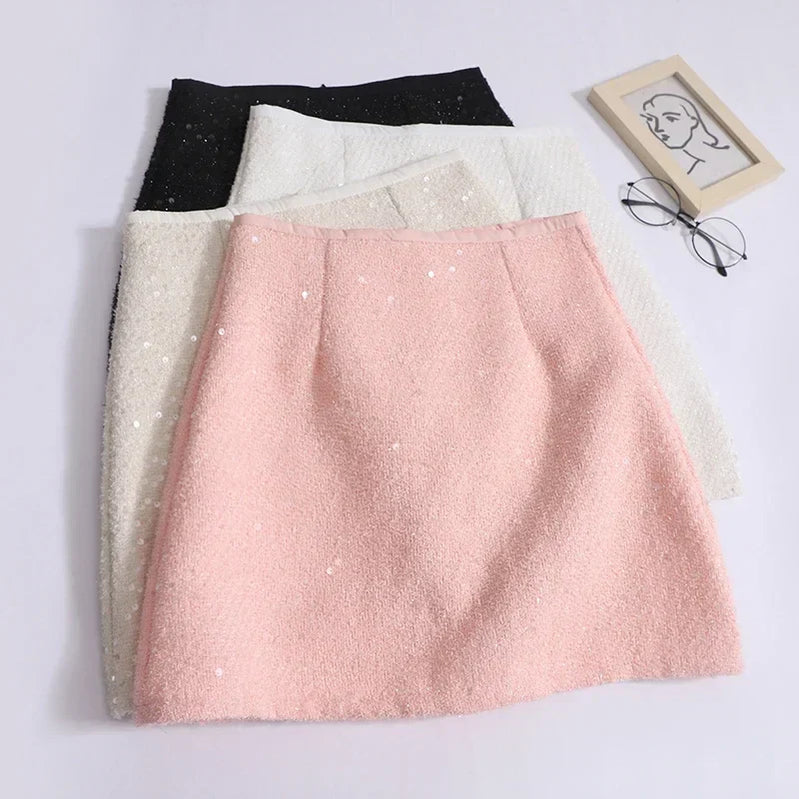 ABRINI Women Office High Waist A-line Tweed Skirt Party Mini Slim Skirt Chic Shiny Slim Skirts For Women Spring Summer