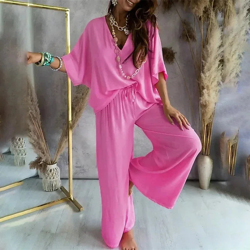 2024 Summer Fashion New Women's Elegant Loose High Waist Plus Size Set Off Back Elastic Waist Retro Women's Two Piece Set