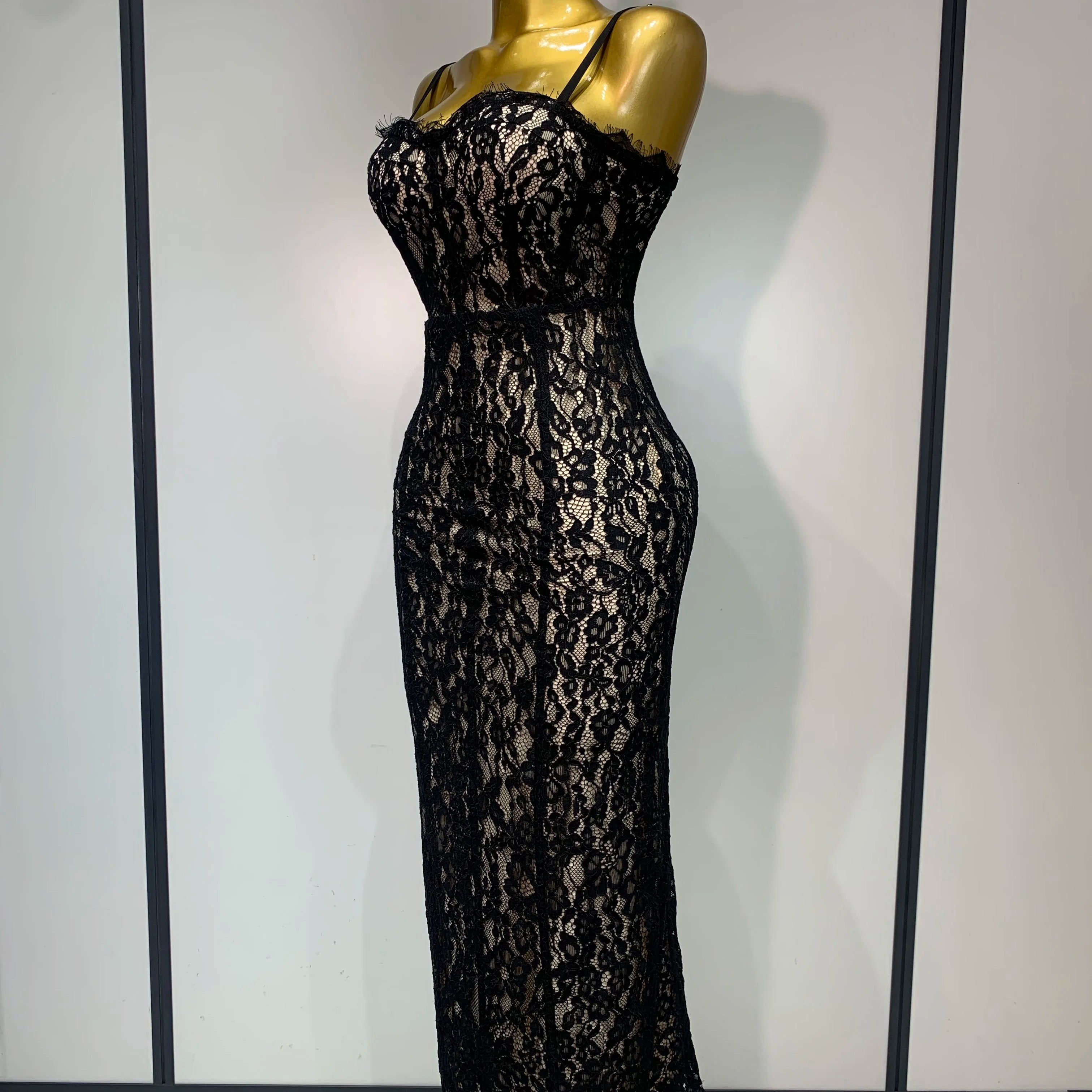 Vestido longo feminino sem mangas, sexy, de renda preta, colado ao corpo, para festa de boate, comemoração de aniversário, festa à noite, casamento, convidado, baile de formatura