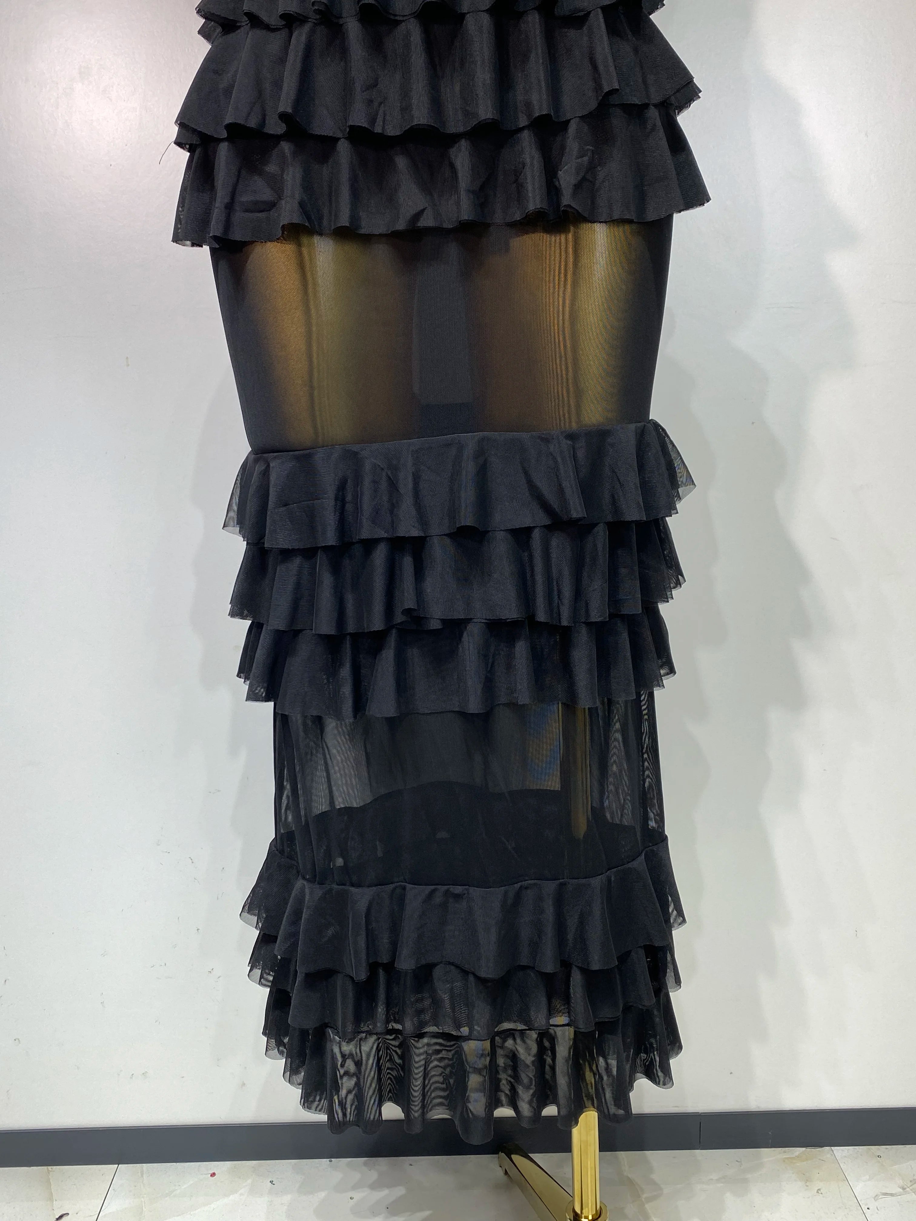 Women Sexy Strapless Ruffles Long Dress Black Backless Mesh See Through Design Dresses Evening Party Cocktail Birthday Dress