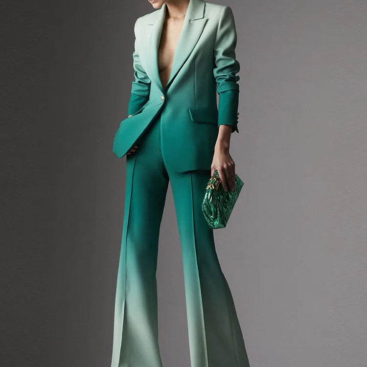 HIGH STREET Newest Fashion Designer Suit Set Women's Gradient Color Printed Single Button Blazer Flare Pants Suit 2pcs