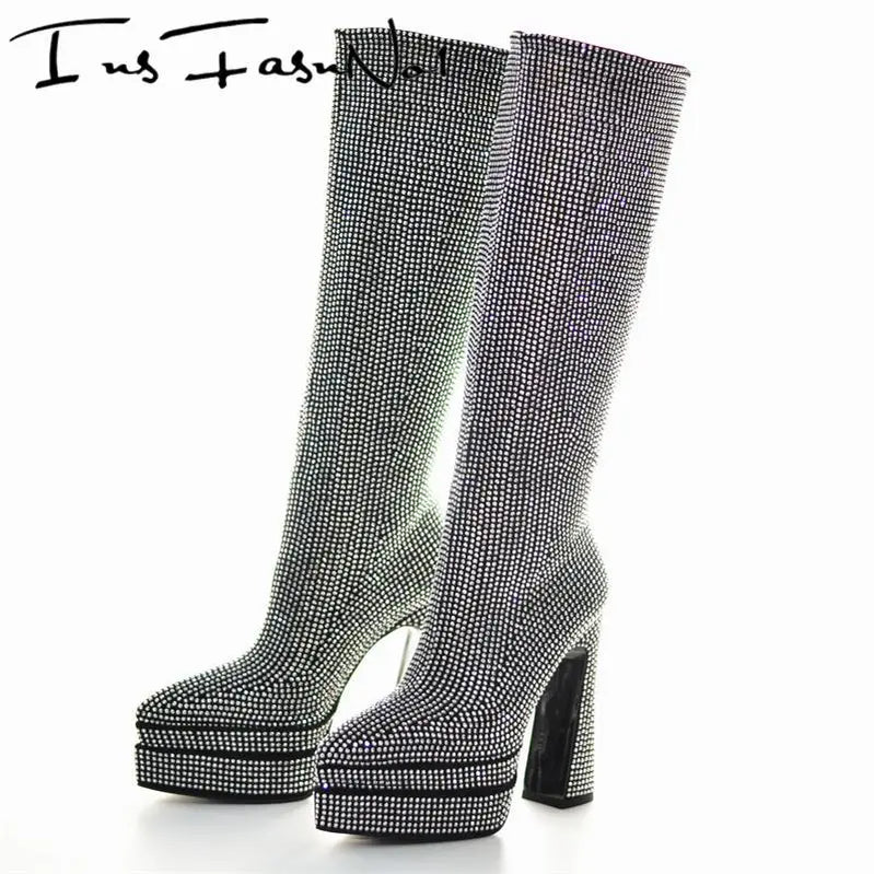 Street Style Women Knee High Boots Crystal Platform High Heel Fashion Rhinestone Boots Ladies Wedding Strass Shoes High Heels