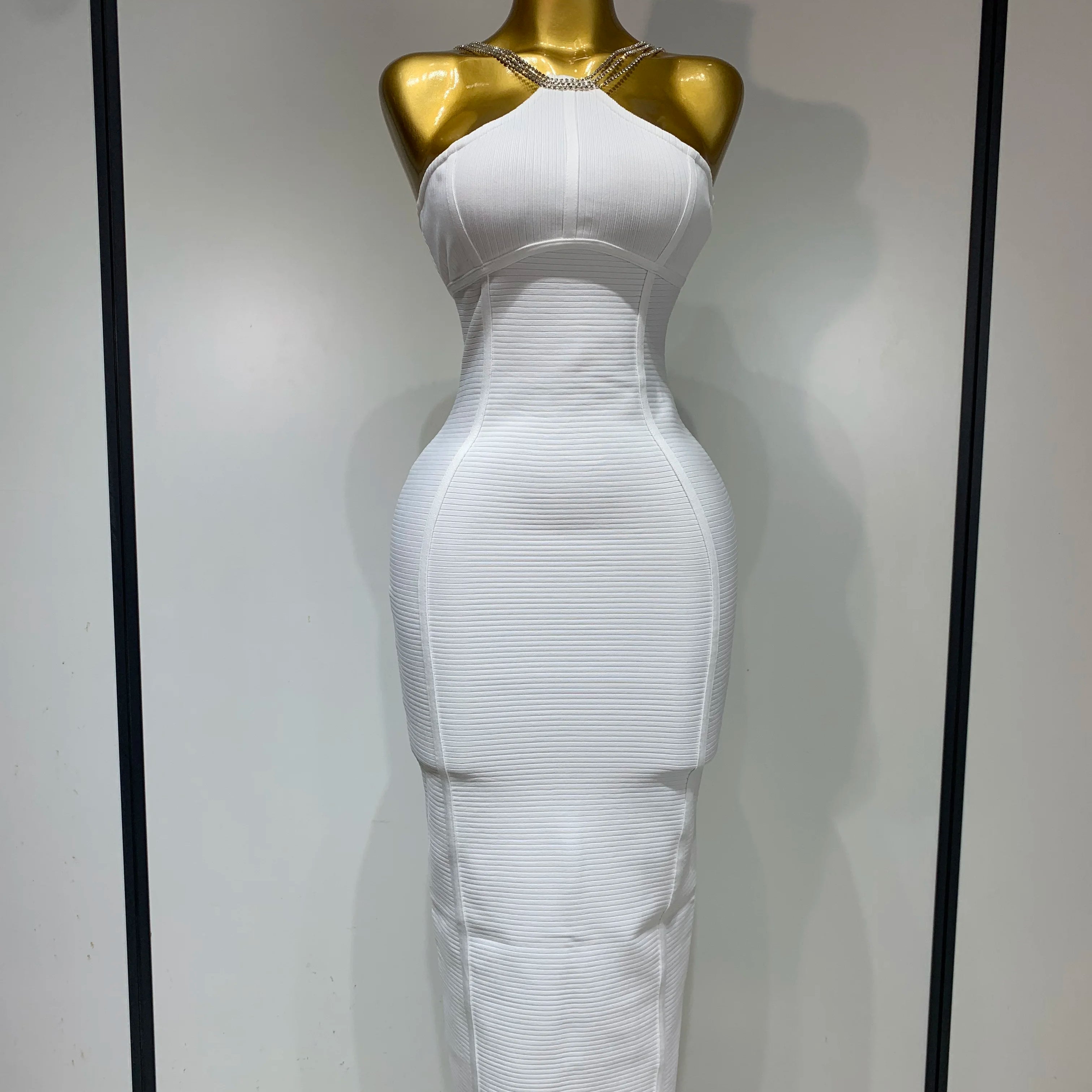 Sexy Sling Backless Crystal Diamonds Chain Bodycon Bandage Dress 2025 White Elegant Evening Club Luxury Birthday Party Dresses
