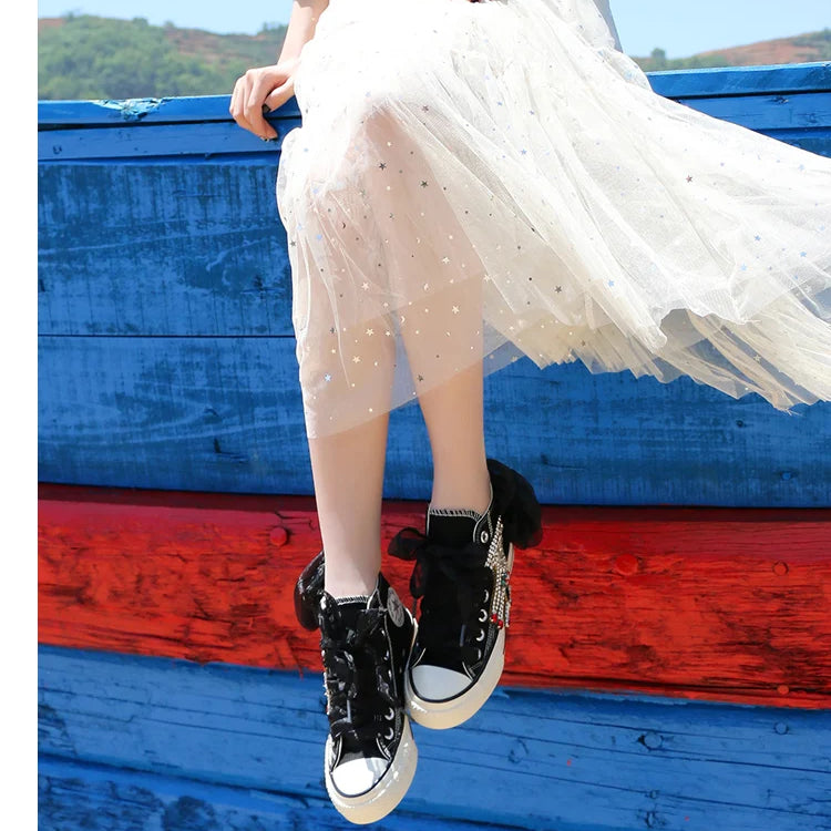 2022 new women single shoes wild cute ladys lace canvas shoes high top fashion sneaker ins rhinestone shoes
