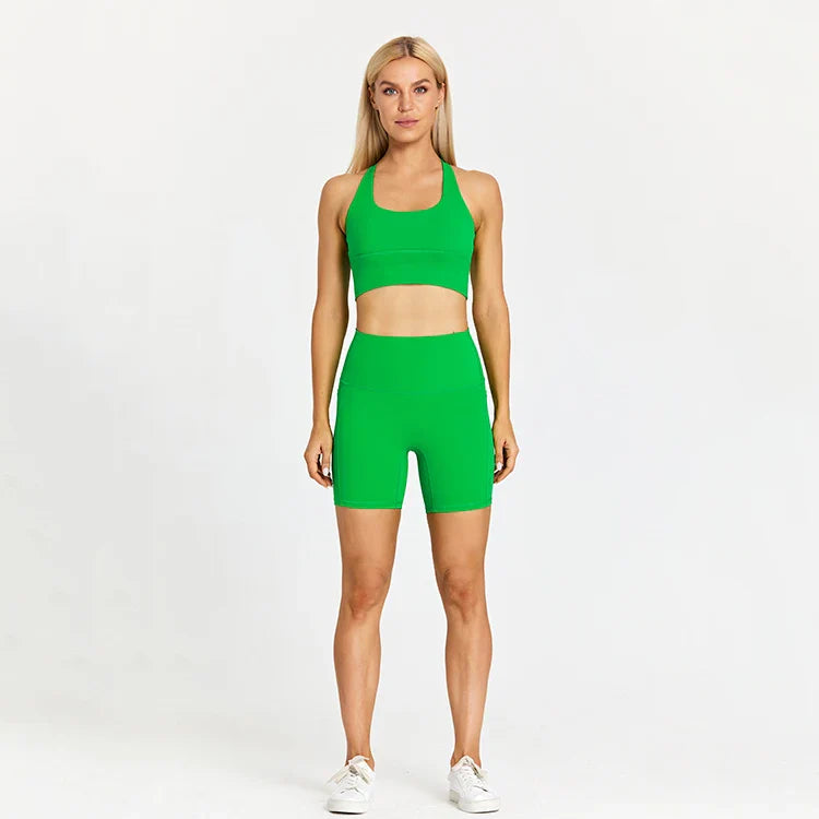 ABS LOLI Pockets Yoga Shorts Set Women Fitness Suit 2 Piece Sports Gym Wear Workout Clothes Running Sportswear Sport Outfit bv green