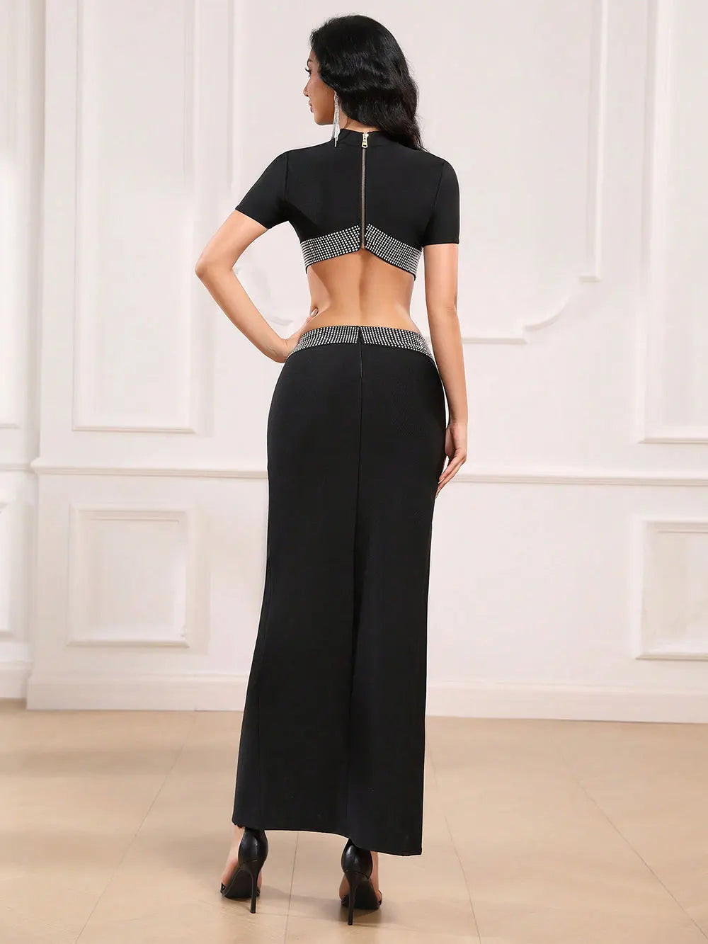 2025 Sexy Women's Water Diamond Waist Design Bandage Dress Stand Collar Long Sleeve Bodycon Split Length Dresses Party Vestidos