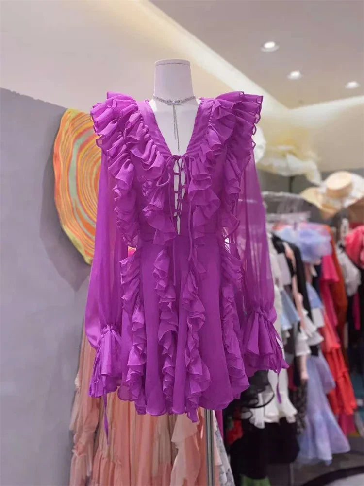 Tossy V-Neck Lace-Up Ruffled Mini Dress For Women Summer Mesh Bandage High Waist Fashion Party Dress Gown Female Mini Dress 2024 PURPLE